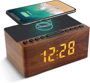 ANJANK Wooden Digital Alarm Clock, FM Radio, and Wireless Charger Station