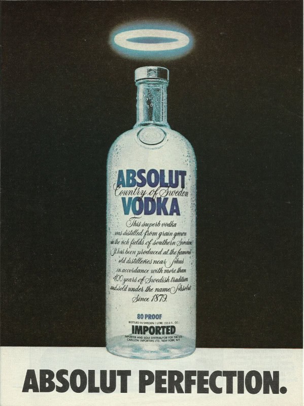 Absolut Perfection print ad showing the Absolut bottle with a halo