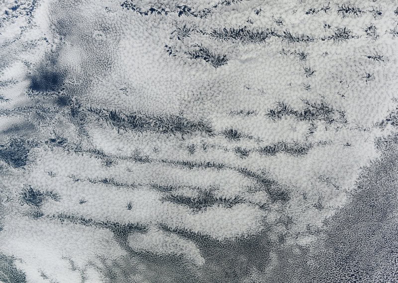 Satellite image of actinoform clouds forming a radial spoke pattern over the ocean