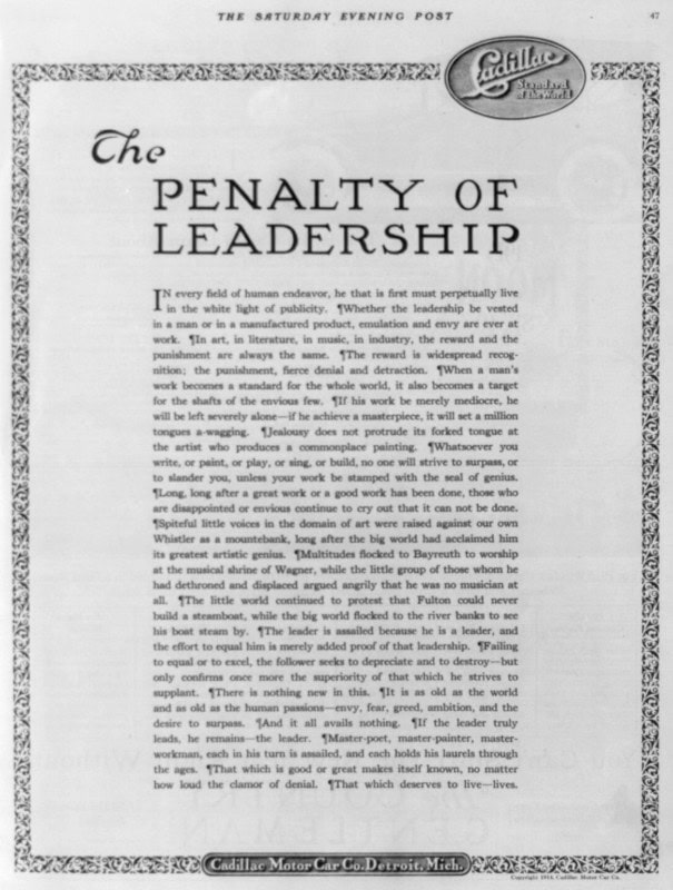 1915 Cadillac Penalty of Leadership text advertisement from the Saturday Evening Post