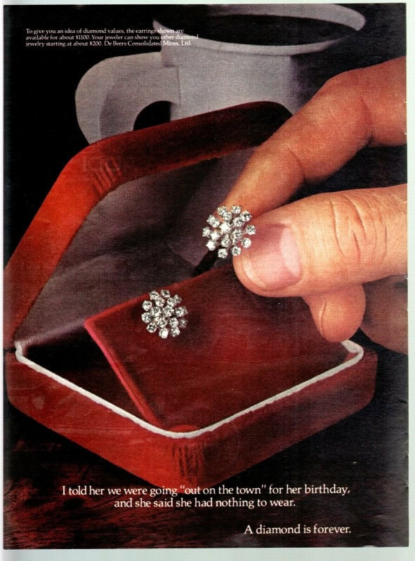 Vintage De Beers print ad with the slogan A Diamond Is Forever