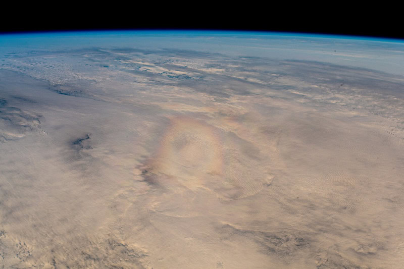 Glory showing concentric rainbow rings around the shadow of an observer cast on cloud below