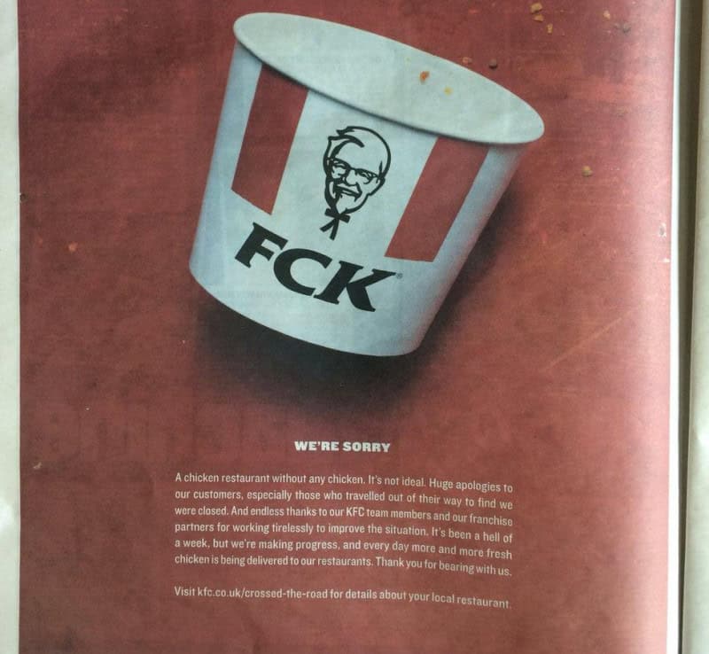 KFC FCK apology print ad showing an empty chicken bucket