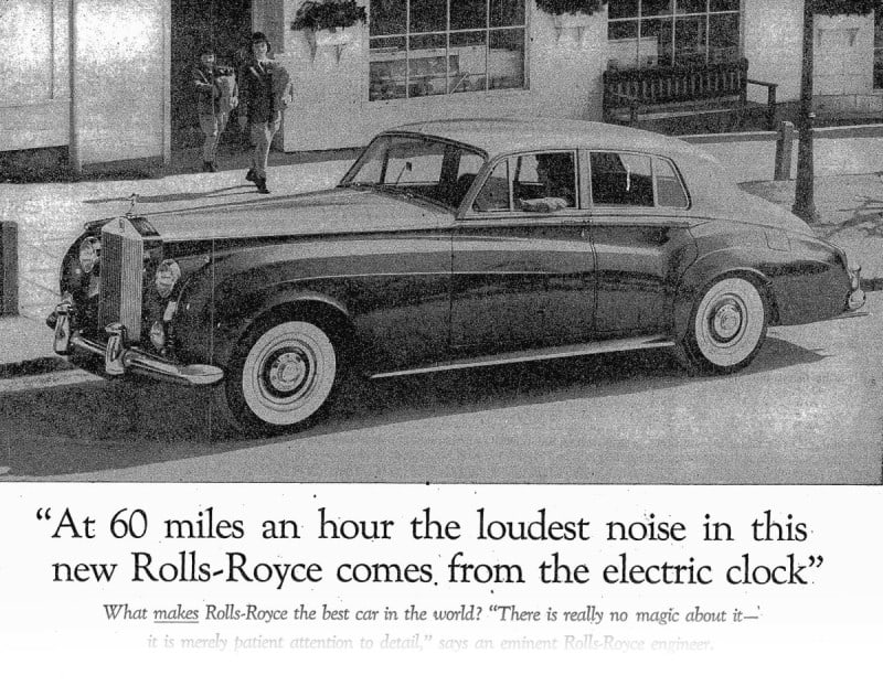 1958 Rolls-Royce print ad with the famous electric clock headline