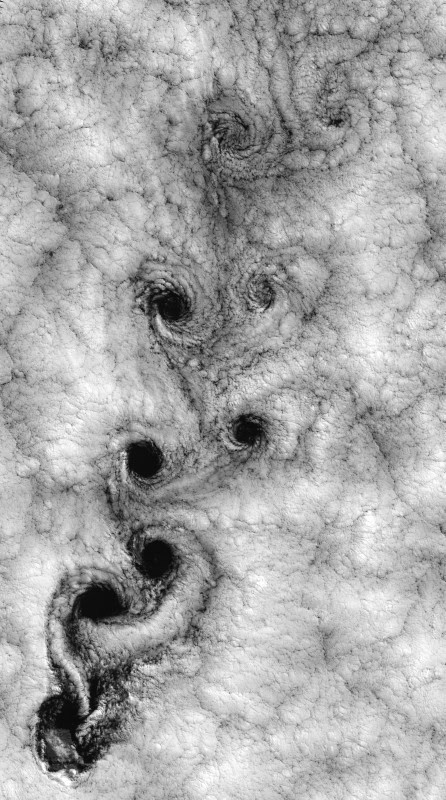 Satellite view of von Karman vortex street clouds forming a double row of spirals downwind of an island