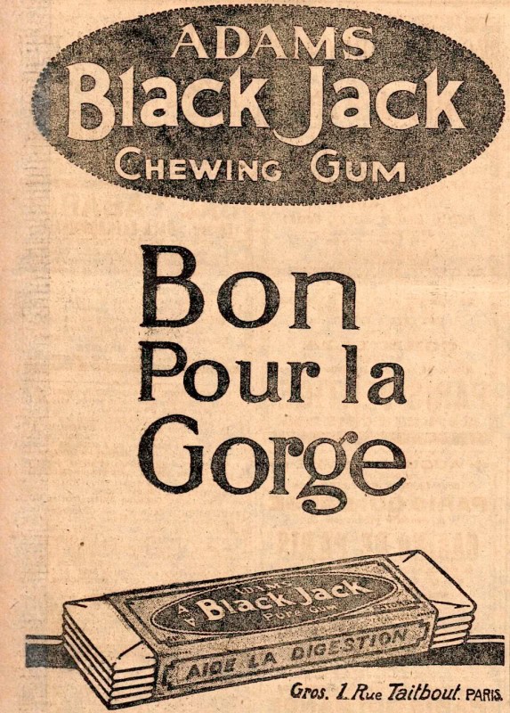 Newspaper advertisement with an oval "Adams Black Jack Chewing Gum" logo and a drawing of a wrapped stick of gum