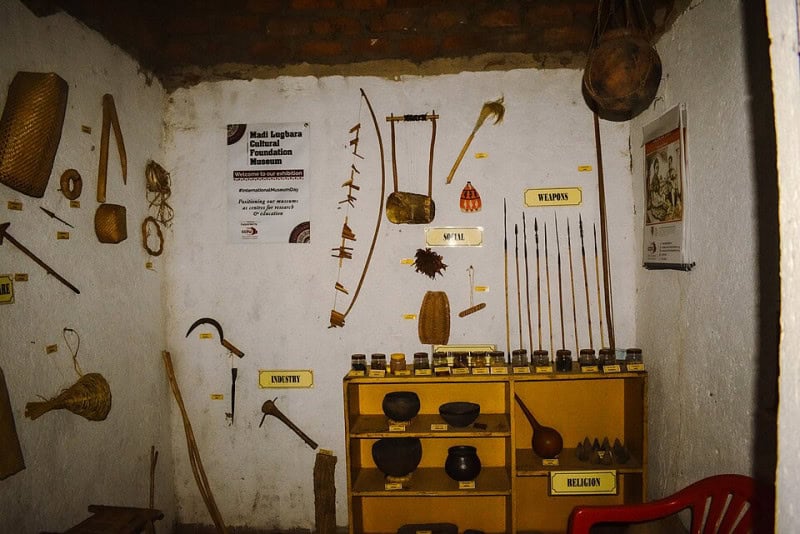 Display wall of Lugbara tools, instruments and household objects inside the Madi Lugbara Cultural Foundation Museum in Uganda