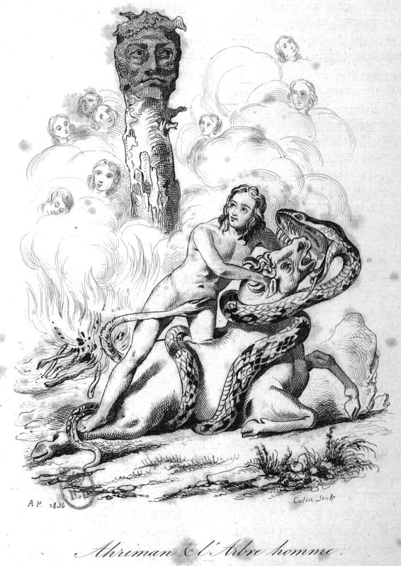 Nineteenth-century engraving captioned Ahriman & l’Arbre homme, showing a nude youth grappling with a horned creature entwined by a large serpent, beneath a tree trunk bearing a bearded human face amid a cloud of small faces