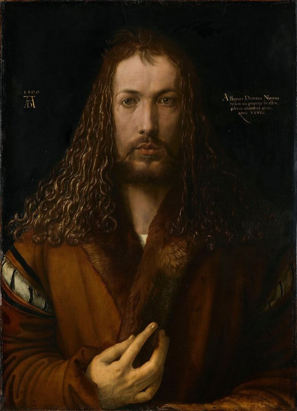 Young man facing directly forward with long brown curling hair falling to his shoulders, wearing a fur-trimmed brown coat, one hand raised to his chest, small inscriptions in the dark field either side of his head