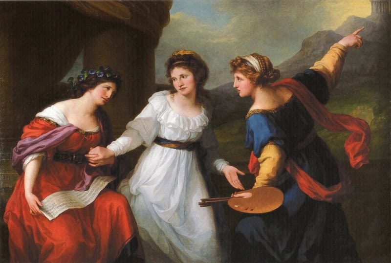 Three women in a landscape: one in white at the centre holding the hand of a seated woman in red with sheet music and still looking back at her, while her body leans towards a woman in blue and gold who holds a palette and points to a distant hilltop building