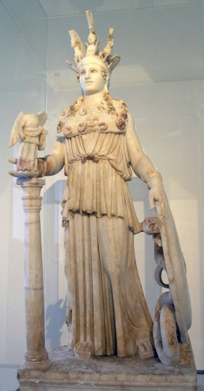 Small marble copy of the Athena Parthenos wearing a triple-crested helmet and holding a winged Nike on her outstretched hand