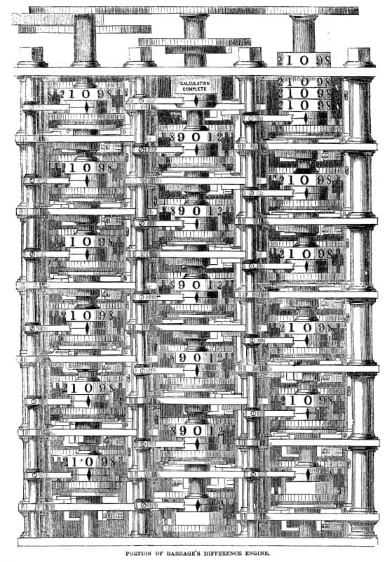 Engraving of stacked columns of geared number wheels showing digits, captioned "Portion of Babbage's Difference Engine"