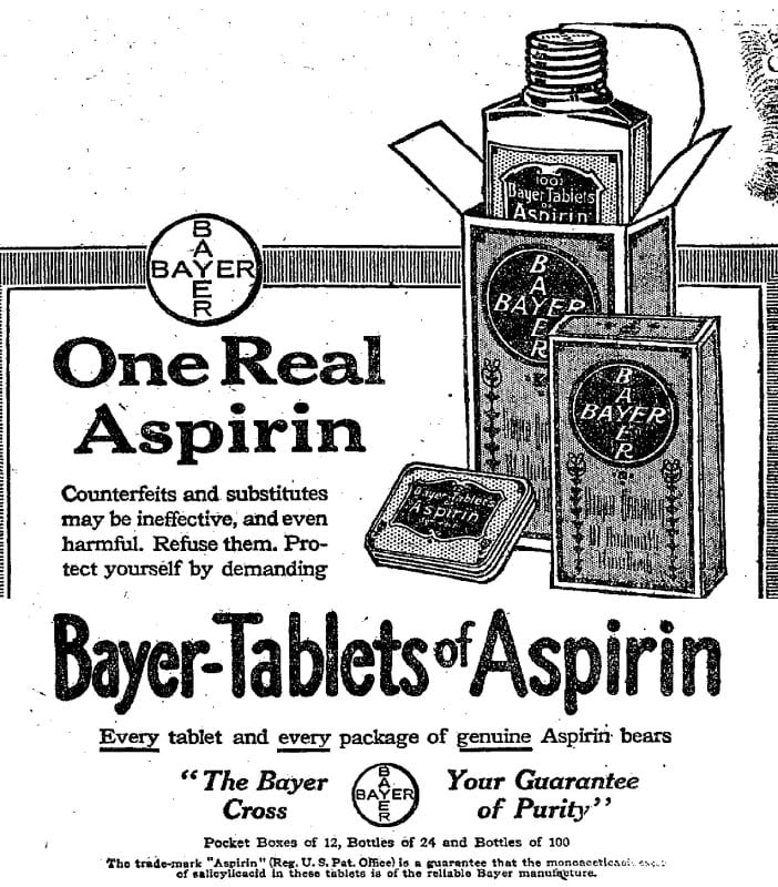 Newspaper advertisement headed "One Real Aspirin — Bayer-Tablets of Aspirin", showing a Bayer bottle, a flat tin and cartons, each bearing the Bayer cross