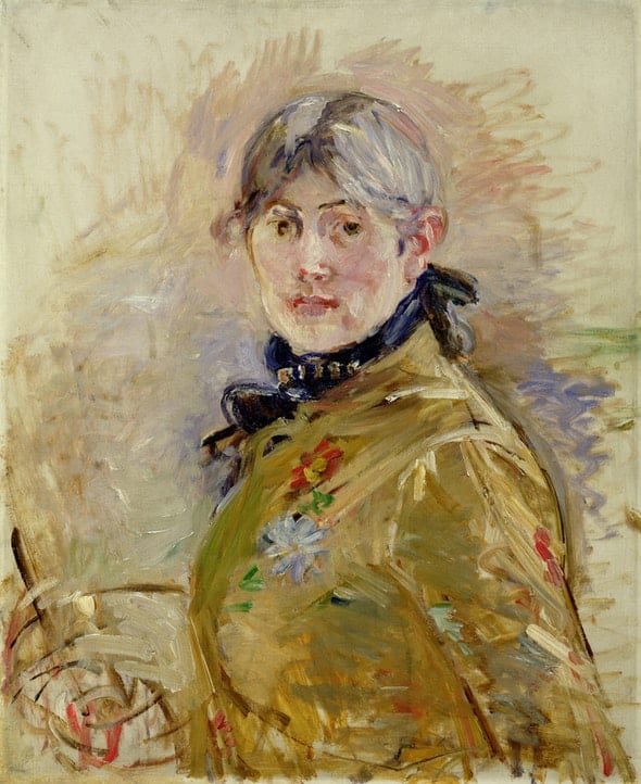 Woman with pale upswept hair and a dark blue ribbon at her throat in an ochre-yellow dress marked with small floral strokes, a palette and brushes held at her waist, painted in rapid broken brushwork against a sketchy pale ground
