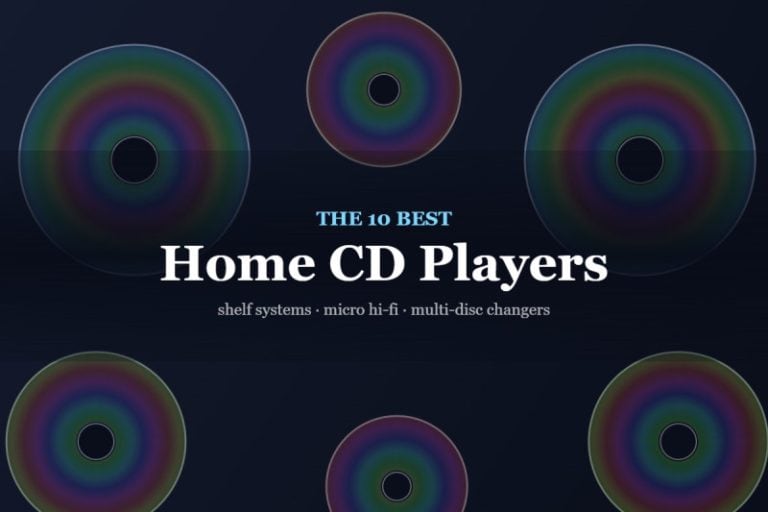 Title card reading The 10 Best Home CD Players over an illustration of six stylised compact discs on a dark blue background
