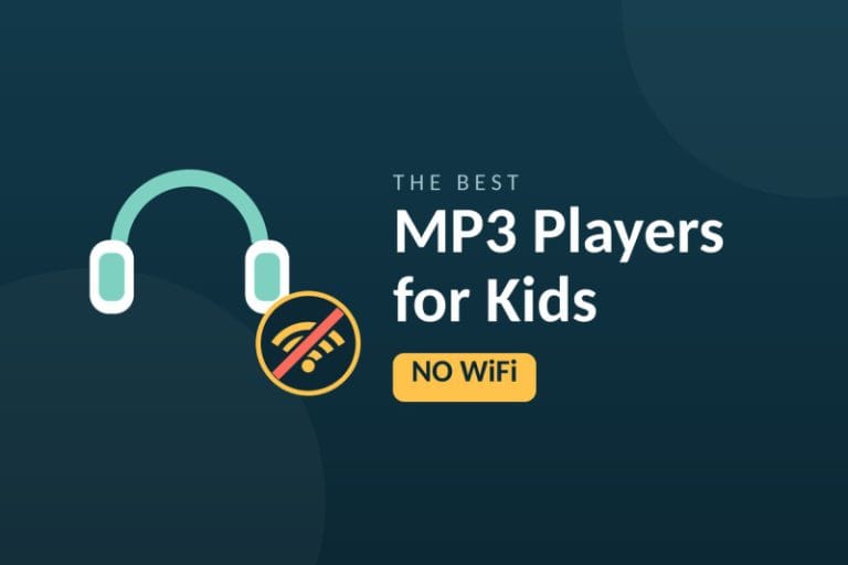 Illustration of kids headphones beside a crossed-out WiFi symbol, captioned The Best MP3 Players for Kids, No WiFi