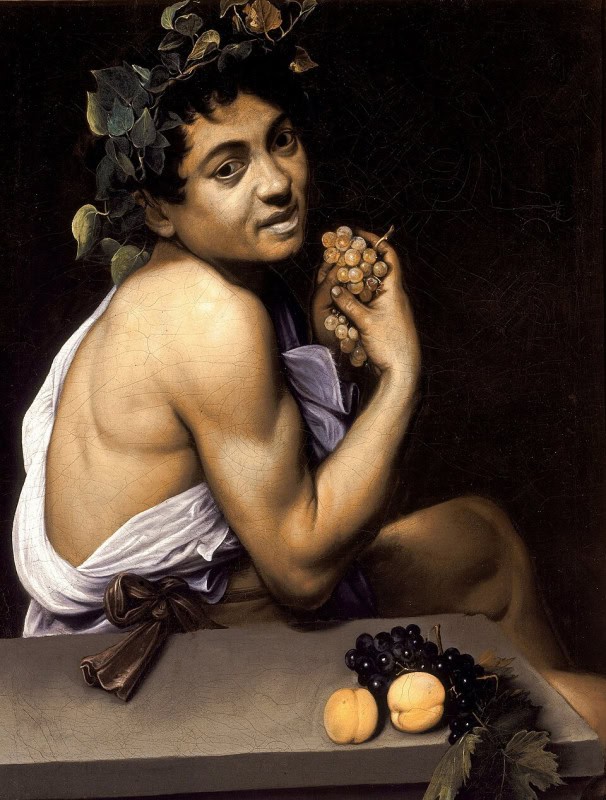 Bare-shouldered youth crowned with ivy and grapes, his skin greenish and his lips grey, holding a bunch of white grapes and looking sideways at the viewer, with peaches and grapes on a stone ledge
