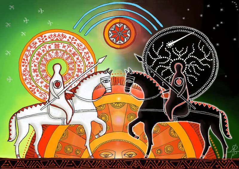 Bright folk-art painting of two mirrored horsemen: a white horse and rider carrying a spear against a green daylit ground on the left, a black horse and rider carrying a spear against a starred night ground on the right, flanking a large orange sun face