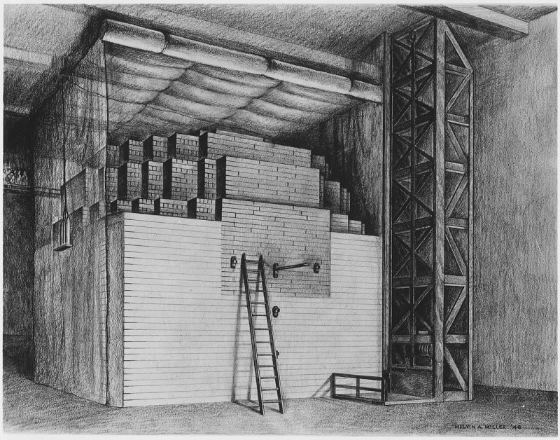 Pencil drawing of Chicago Pile-1: a large stepped stack of graphite blocks in a squash-court space, timber cladding on the near face and a wooden ladder leaning against it