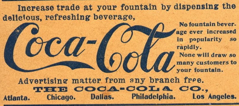 An orange trade advertisement in dark blue type reading "Increase trade at your fountain", with the Coca-Cola script logo and "The Coca-Cola Co., Atlanta" beneath