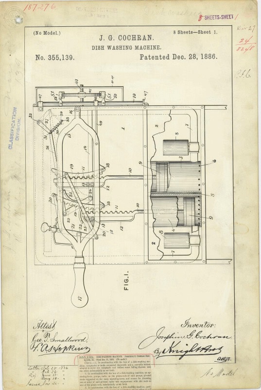 An aged patent sheet headed "J. G. Cochran, Dish Washing Machine, No. 355,139, Patented Dec 28 1886", with sectional drawings of the tub, wire racks, gearing and pump