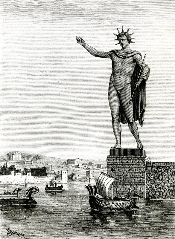 Engraving imagining the Colossus of Rhodes as a giant bronze Helios on a pedestal beside the harbour entrance