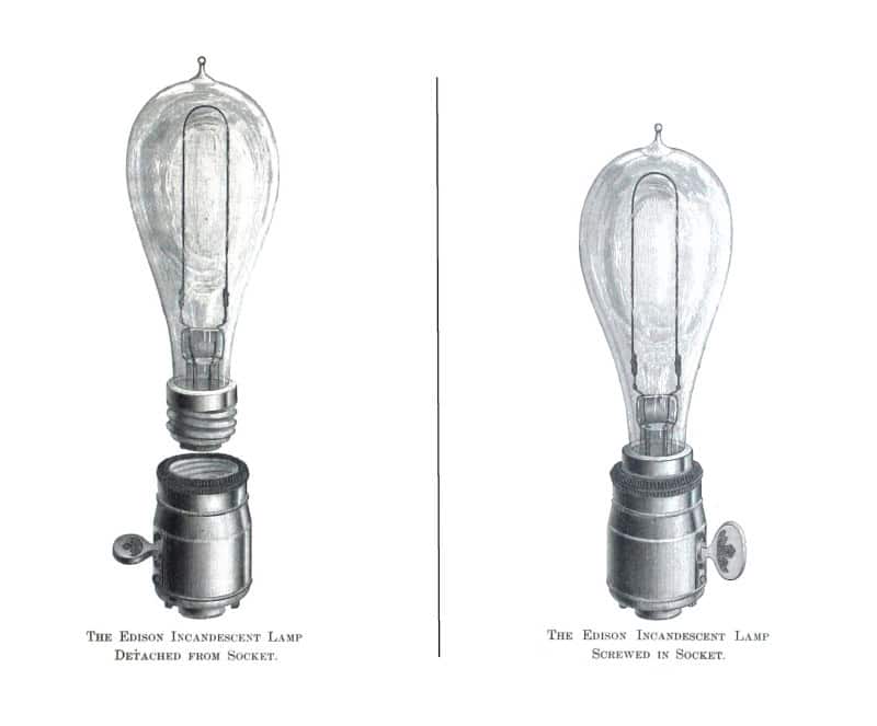 Two-panel engraving showing a pear-shaped carbon-filament Edison lamp detached from its screw socket, and the same lamp screwed in