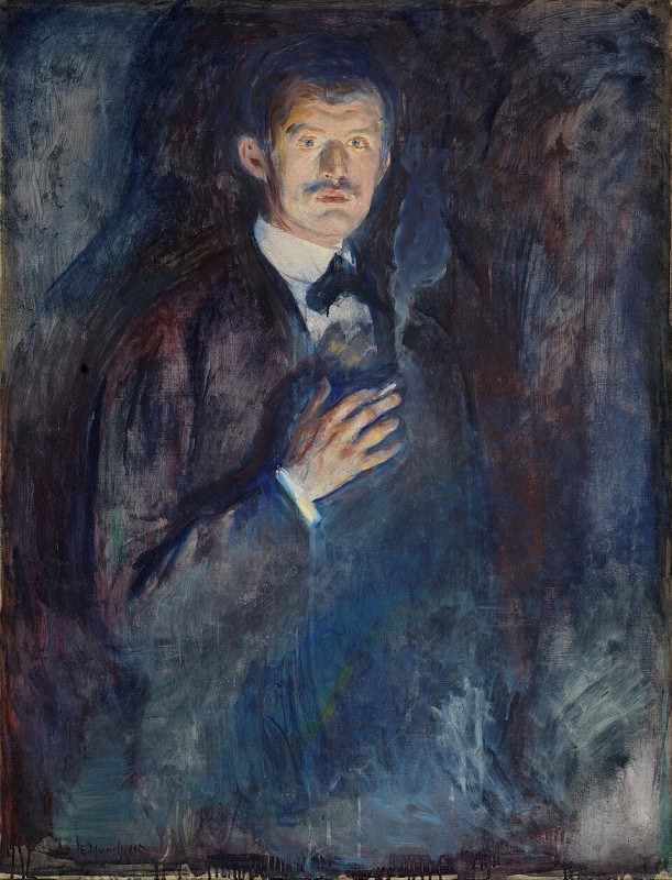 Man in a dark suit and tie emerging from a blue-violet haze, a lit cigarette trailing smoke in his raised hand, his lower body dissolving into loose vertical brushstrokes