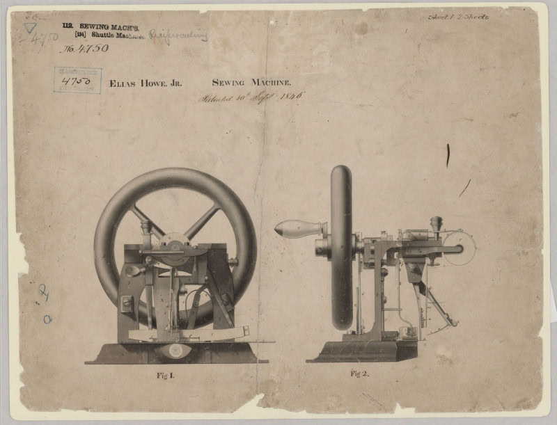 A foxed patent sheet headed "Elias Howe, Jr. Sewing Machine, Patented 10th Sept 1846", showing front and side views of the machine with a large hand wheel