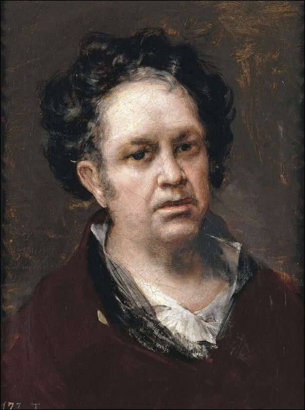 Man of about seventy with thick dark curling hair and heavy features emerging from a very dark background, wearing a dark wine-red coat over a loose white ruffled shirt