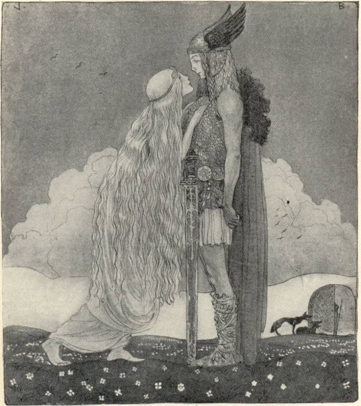 Pen and ink illustration by John Bauer of Freyja, barefoot in a pale gown with very long loose hair, facing the armoured Svipdag in a winged helmet who rests a sword point-down on the ground; two small animals stand in the flowered meadow behind them