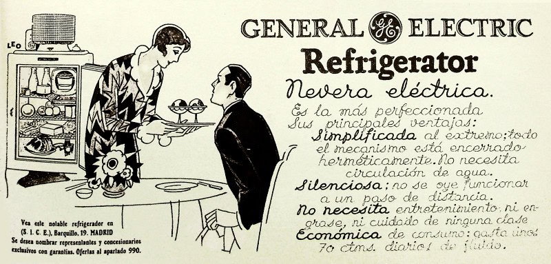 1928 press advertisement for a General Electric refrigerator: a line drawing of a monitor-top cabinet with its cylindrical compressor on top and the door open on shelves of bottles and food