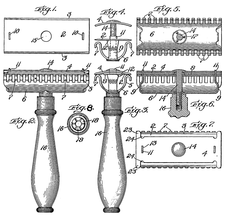 Patent drawing of Gillette's safety razor in eight figures, showing the flat rectangular blade, the comb-toothed guard head from two angles and the ribbed handle