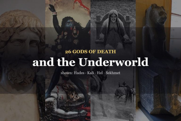 Title card reading 26 Gods of Death and the Underworld, over four panels showing Hades, Kali, Hel and Sekhmet
