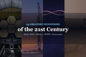 Title card reading 25 Greatest Inventions of the 21st Century over four panels showing the James Webb mirror, a Falcon 9 booster, a DNA helix and the Perseverance rover