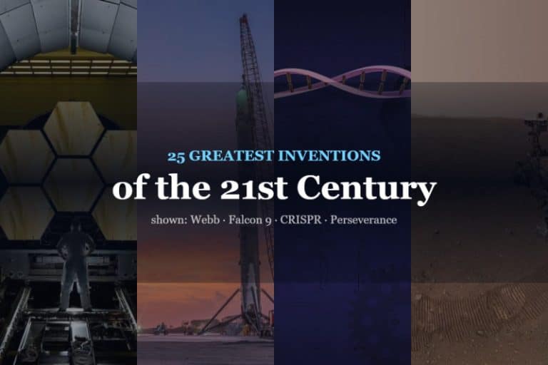 Title card reading 25 Greatest Inventions of the 21st Century over four panels showing the James Webb mirror, a Falcon 9 booster, a DNA helix and the Perseverance rover
