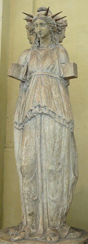 Roman marble statue of Hecate in triple form, three draped bodies standing back to back around a central column