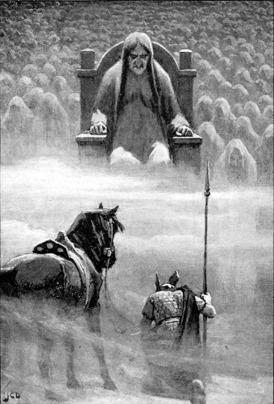 Hel seated on a throne above a crowd of shrouded figures, with Hermod kneeling in the mist below her holding a tall spear, his riderless horse beside him