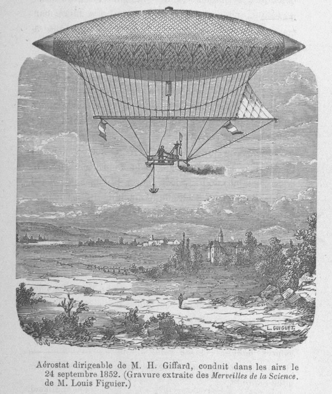 Wood engraving of Giffard's cigar-shaped netted gasbag over countryside, a long spar below carrying a small engine gondola with two figures and a plume of smoke
