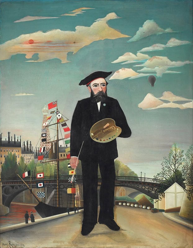 Man in a black coat and beret standing very large in the foreground holding a palette and brush, with a Paris bridge, a sailing boat hung with flags, the Eiffel Tower and a hot-air balloon small behind him
