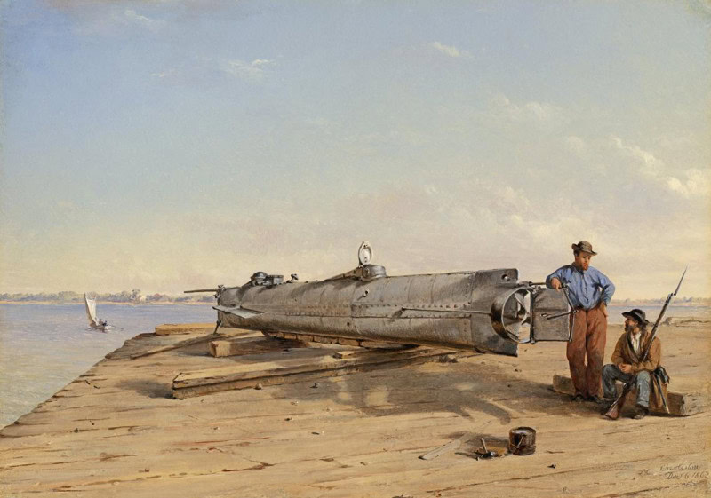 Painting of the H. L. Hunley, a long riveted iron cigar-shaped submarine resting on timber blocks on a sandy dock, with a sailor leaning on the stern and a seated soldier with a rifle