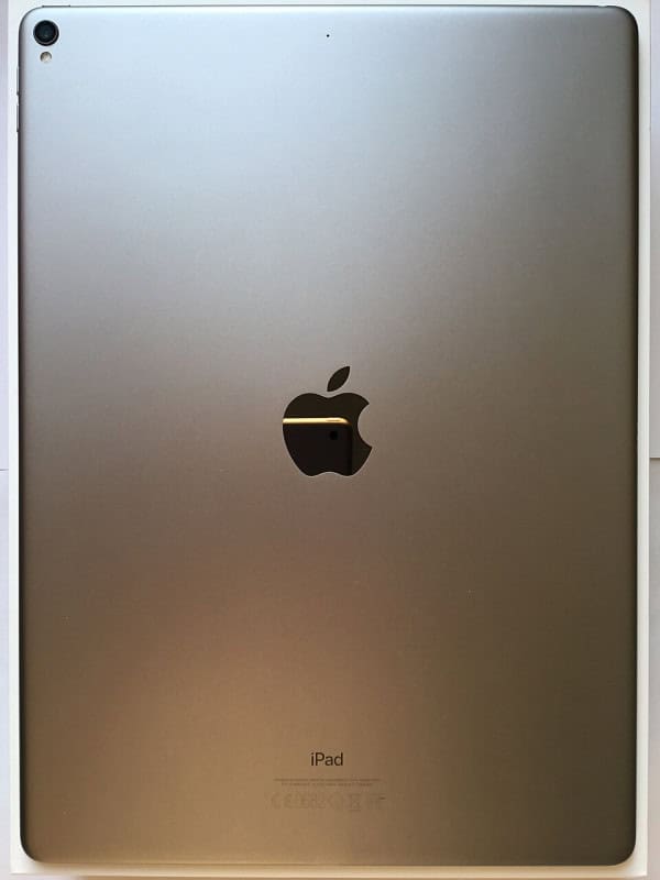 The rear of a silver iPad showing the Apple logo and camera lens