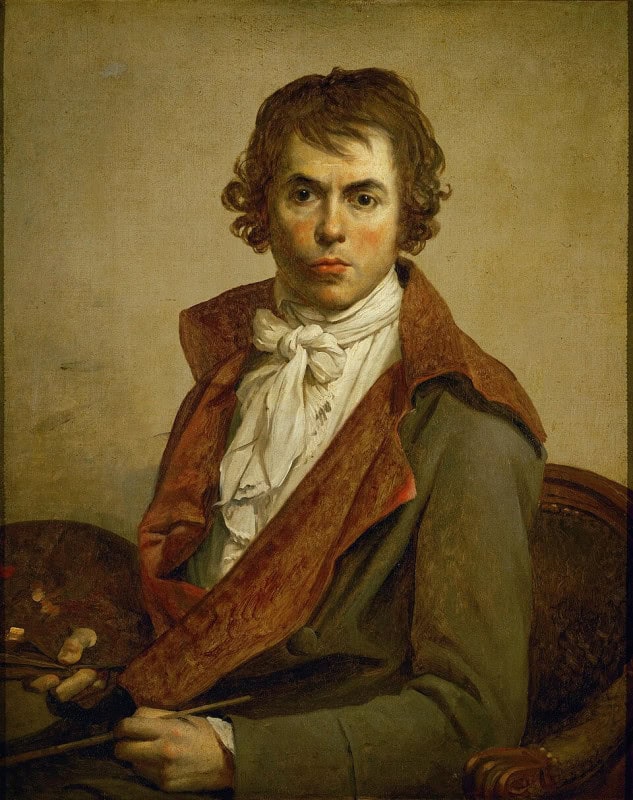 Man with tousled brown hair in an olive-green coat with wide rust-orange turned-back lapels and a white cravat, a palette of mixed colours and brushes held at his side