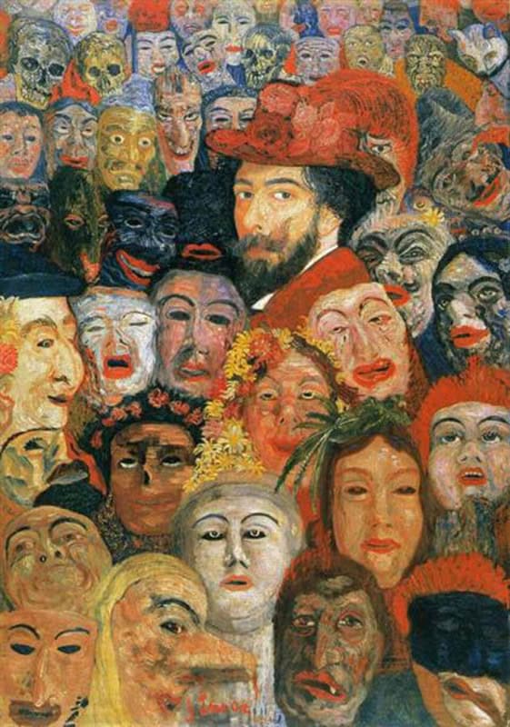 Dense crowd of grotesque carnival masks in pinks, greens and yellows filling the whole canvas, with a single human face in a hat trimmed with a red feather near the top centre