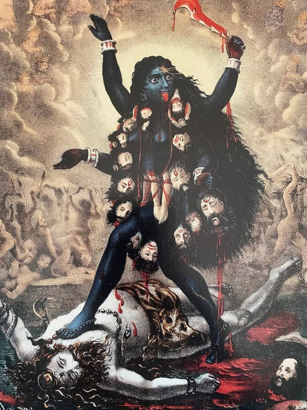 Nineteenth-century Indian lithograph of Kali standing on the reclining body of Shiva, wearing a garland of severed heads