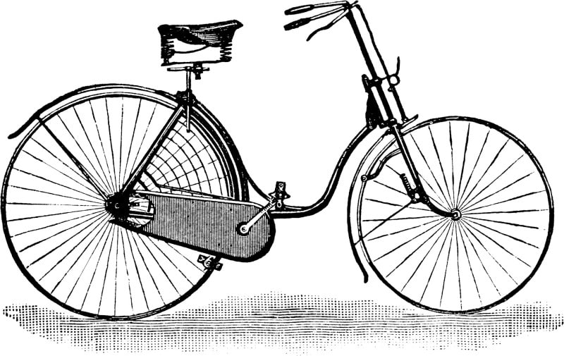 Engraving of a ladies' safety bicycle with two equal spoked wheels, a dropped frame, chain guard, sprung saddle and curved handlebars