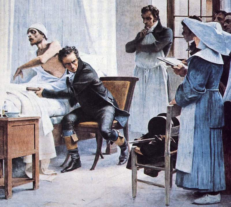 Painting of a physician seated at a hospital bed pressing a short wooden tube to a gaunt patient's chest, with students watching behind and a nun in a blue habit and white cornette at right