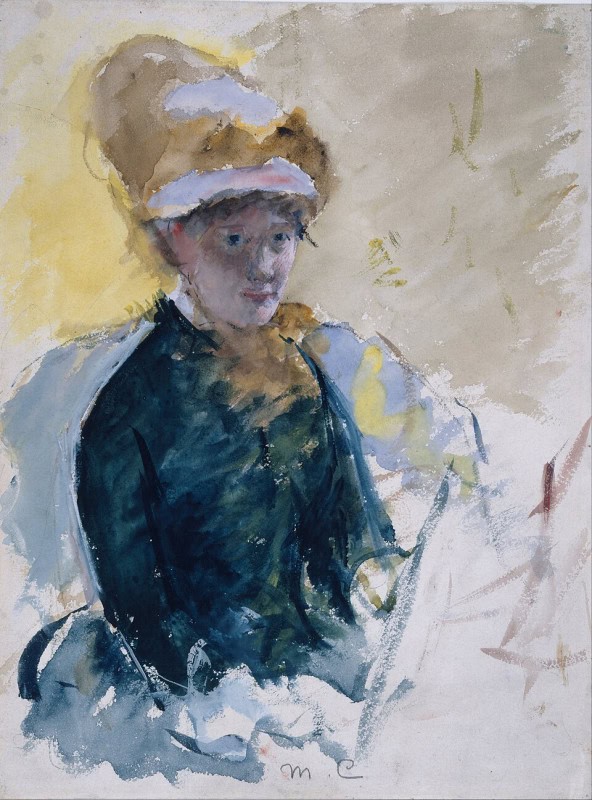 Loosely painted watercolour of a seated woman in a bonnet worked in yellow-ochre and brown with a white band, wearing a dark blue-green bodice, against a warm cream ground with much of the paper left bare