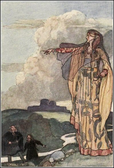 Illustration of Macha in a long patterned robe standing on a hillside with one arm outstretched, two small figures below her and a hill-fort in the distance