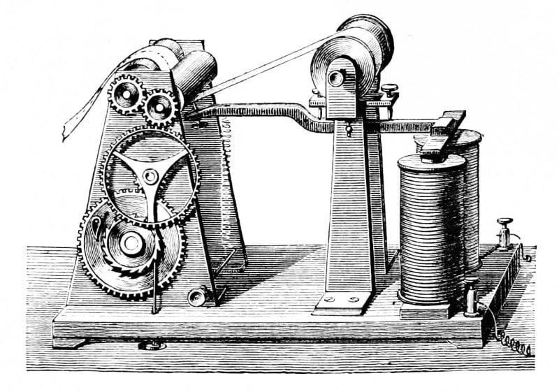 Engraving of a Morse telegraph register on a wooden base: a clockwork gear train feeding paper tape past a pivoted lever arm, with a large cylindrical electromagnet coil
